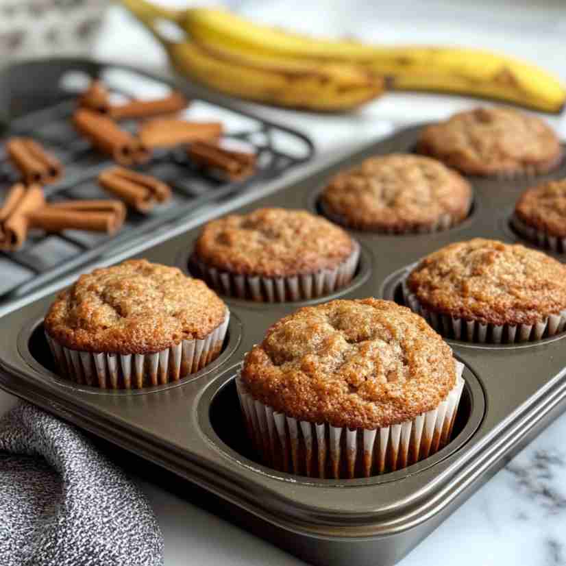 cinnamon banana bread muffins cooling in a tin